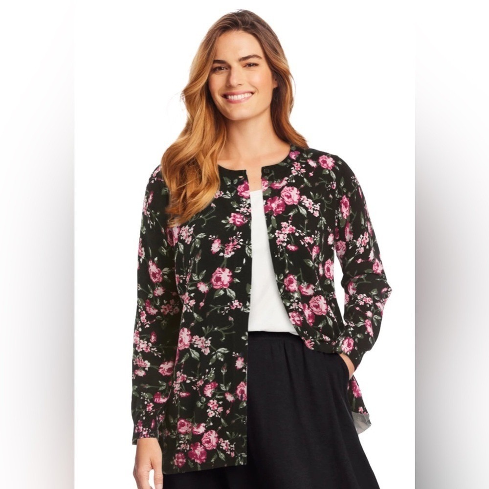 LOFT- Floral Pink and Black Cardigan Size S